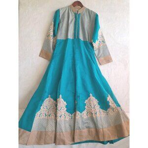Women Sz XL Anarkali Embroidered Traditional India Bollywood Maxi Dress AquaGold
